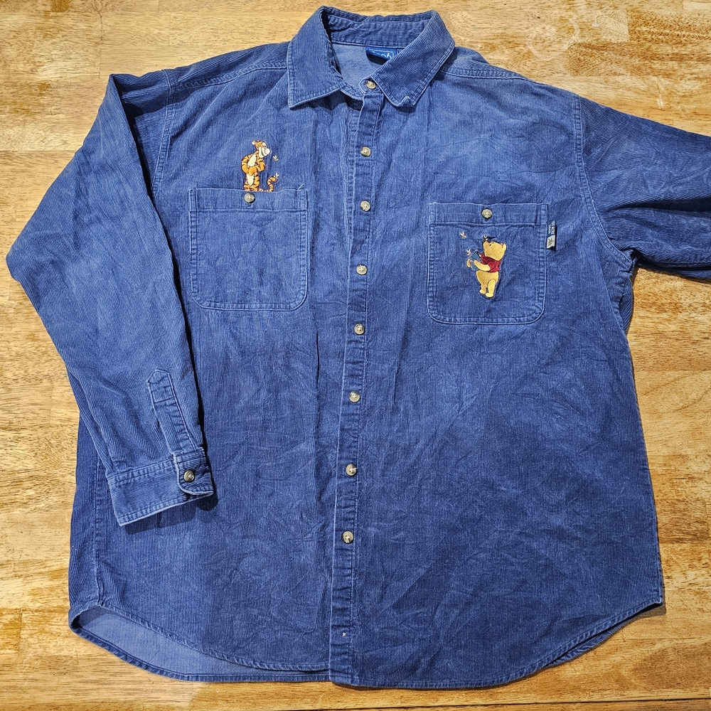 Vintage 90s Disney Winnie The Pooh & Tigger Blue Corduroy Button-Up Shirt Sz LG
